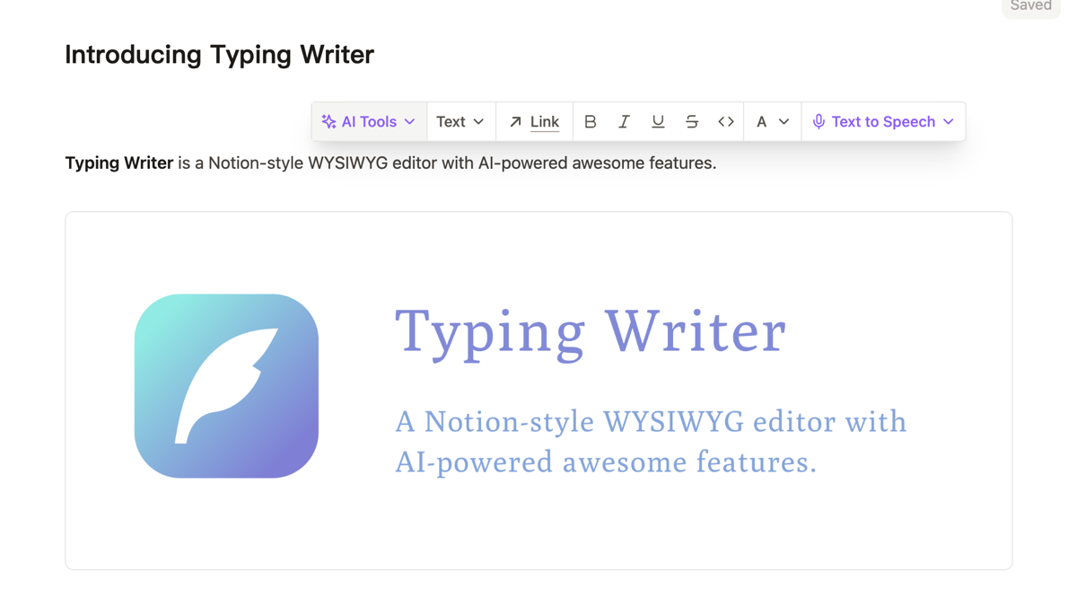 TypingWriter is a Notion-style WYSIWYG editor with AI-powered autocompletions.